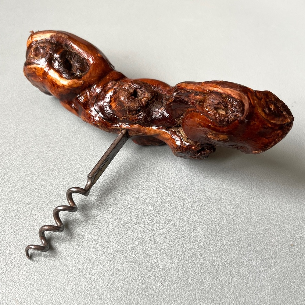 Vintage Burl Wood Cork Screw Corkcrew Bottle Opener Grapevine Vintage French Bar - Picture 5 of 8
